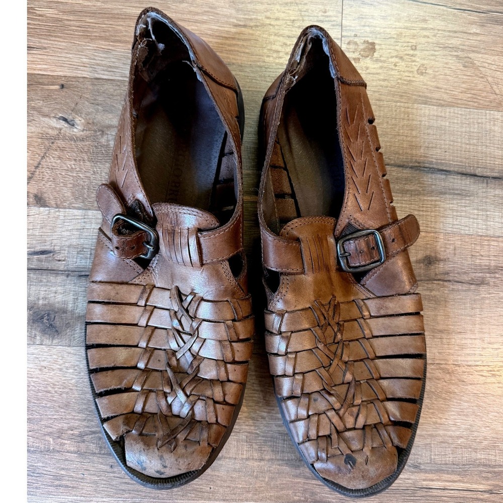 Brown Leather Huarache Sandals Woven Fisherman Boho Buckle Strap Shoes